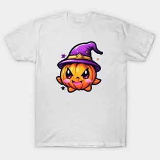 Cute angry pumpkin with purple hat T-Shirt